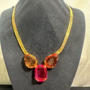 NOS/ Gold Plated Pink & Orange Italian Glass Collar Necklace
